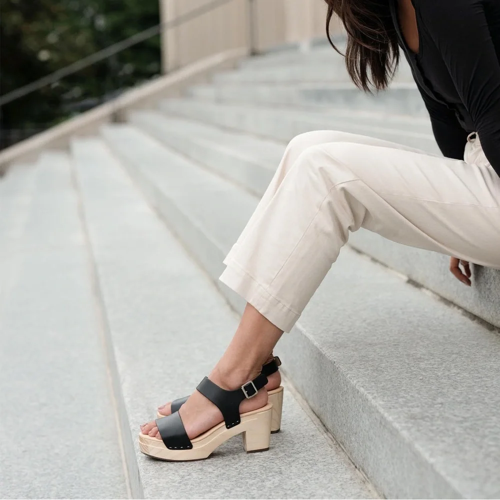 Nisolo Black Leather Platform Sandal with Wood Heel